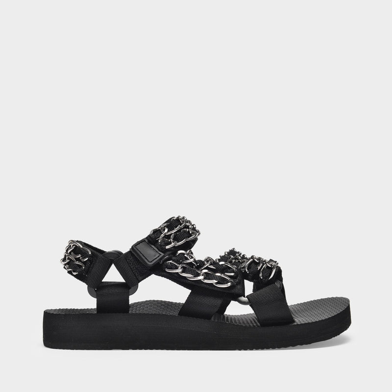 Trekky Sandals in Black Canvas and Silver