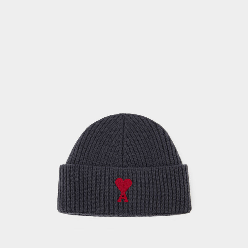 Wool Beanie Hat in Grey / Red