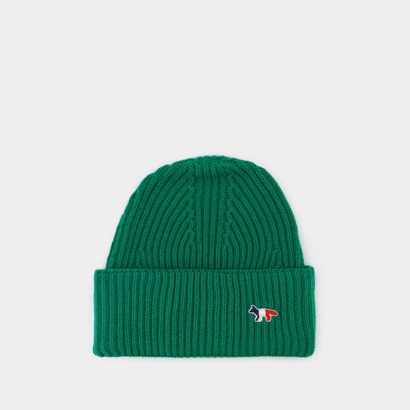 Tricolor Fox Patch Beanie Hat in Green Wool