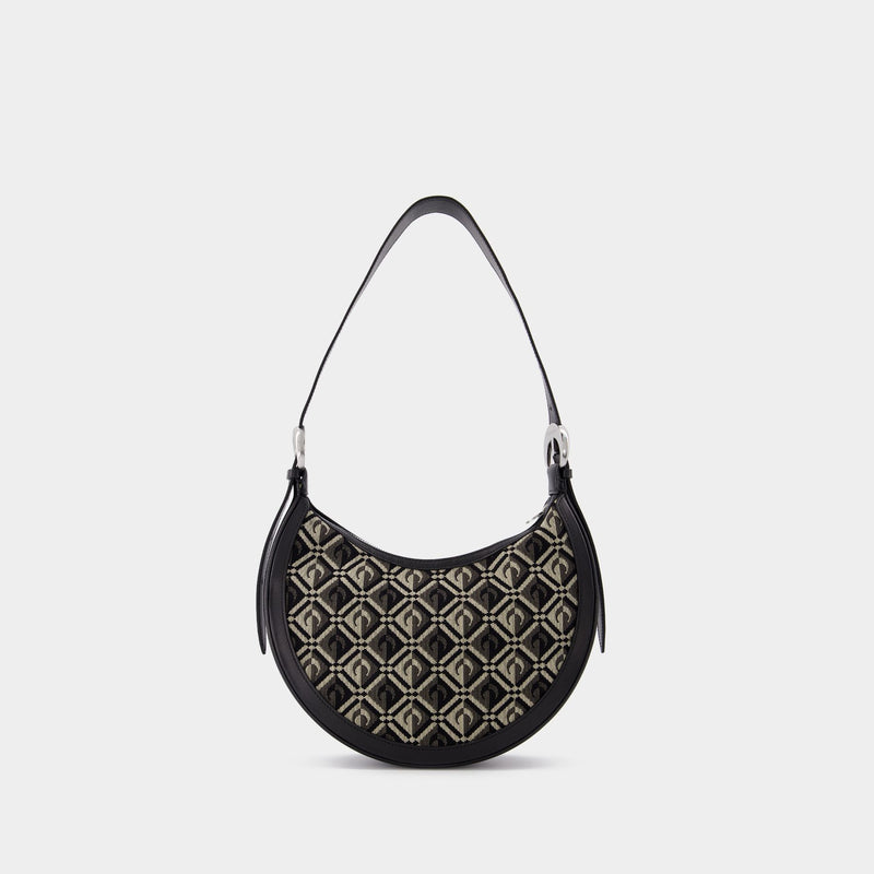 Crescent Moon Diamond Canvas Bag with Black Leather