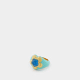 Aqua Flower Ring with Rose Quartz and plated gold