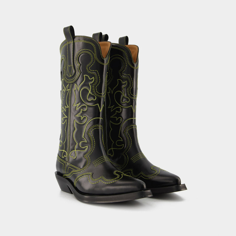 Western Mid Shaft Boots - Ganni - Black/Yellow - Leather