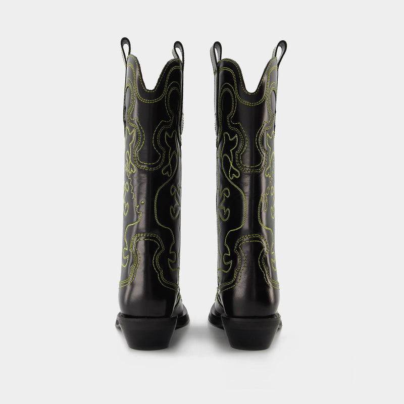 Western Mid Shaft Boots - Ganni - Black/Yellow - Leather