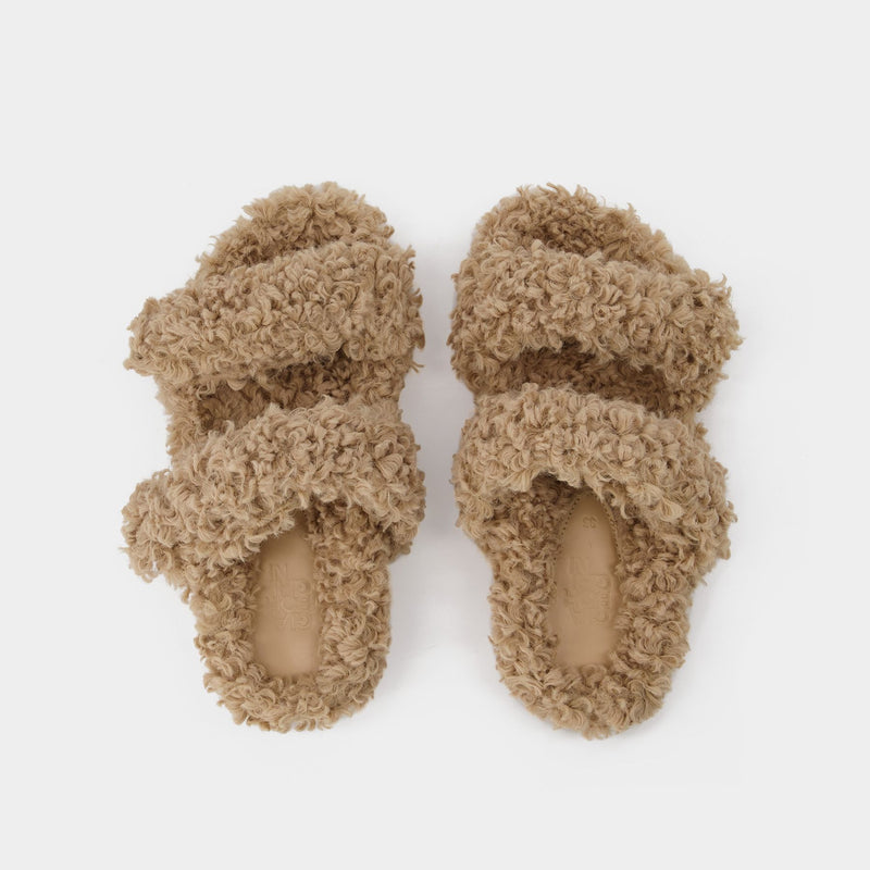 Eco Shearling Double Strap Sandals in Beige