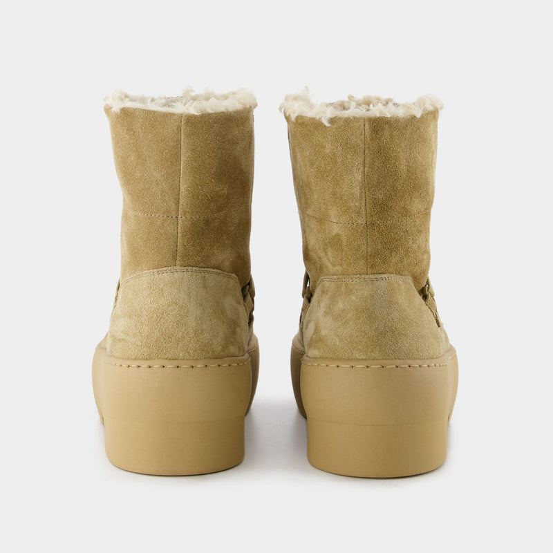 Chunky Sole Lace-Up Boots in Beige Leather