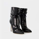 Slouchy Stiletto Boots in Black Patent Leather